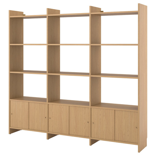 LÅDMAKARE Storage combination w sliding doors, with 9 shelves/oak effect, 238x35x212 cm