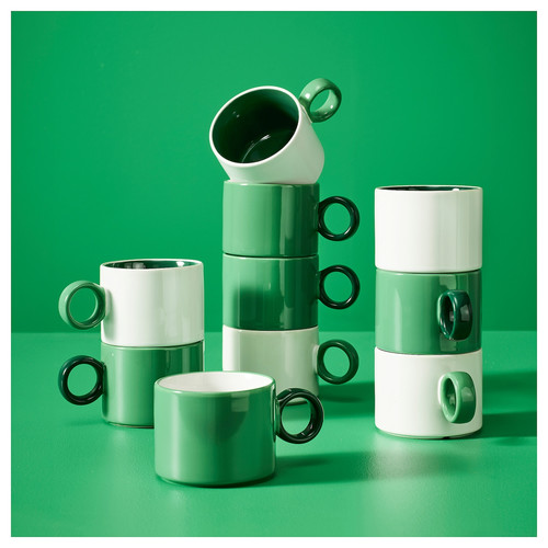 PIGGÅL Mug, white/green, 30 cl, 2 pack