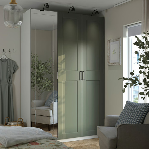 PAX/KAMMARTORP/GRIMO Wardrobe combination, white mirror glass/grey grey-green, 150x60x236 cm