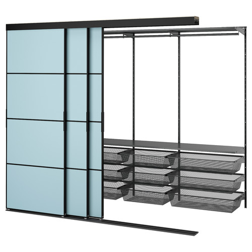 SKYTTA / BOAXEL Walk-in wardrobe with sliding doors, black metal/Mehamn light blue, 251x115x205 cm