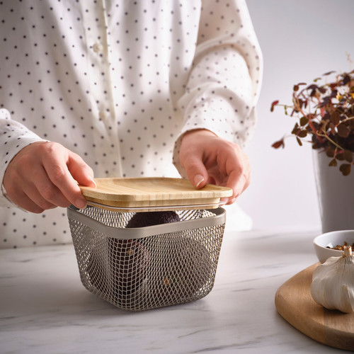 IKEA 365+ Food storage basket with lid, square metal/light grey-brown bamboo, 15x15x11 cm