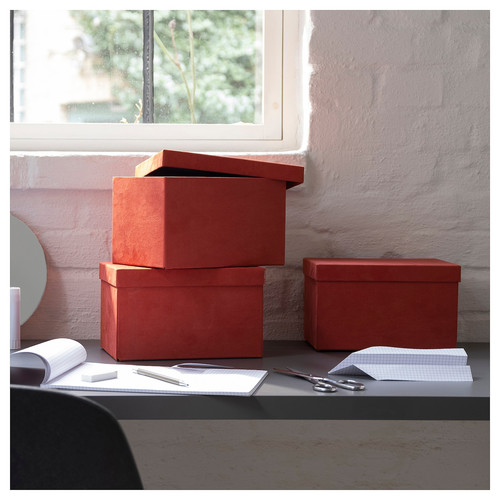 GJÄTTA Storage box with lid, velvet brown-red, 18x25x15 cm