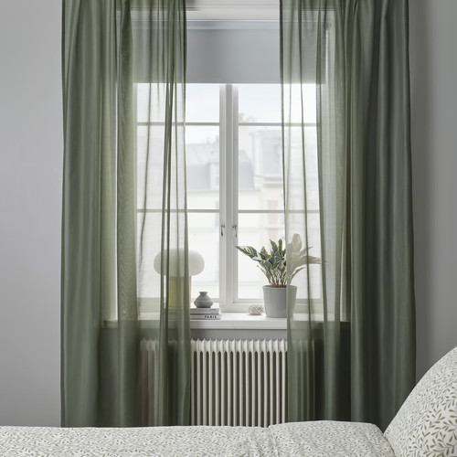STENFRÖ Sheer curtains, 1 pair, green/with heading tape, 145x300 cm