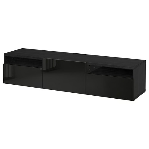 BESTÅ TV bench, black-brown, Selsviken high-gloss/black, 180x42x39 cm