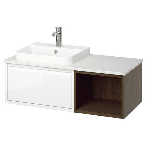 ÄNGSJÖN / BACKSJÖN Wash-stand/wash-basin/tap, high-gloss white/brown oak effect/white marble effect, 102x49x41 cm