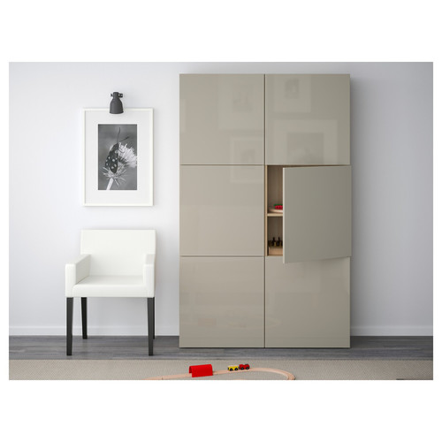 BESTÅ Storage combination with doors, white stained oak effect, Selsviken high-gloss/beige, 120x40x192 cm