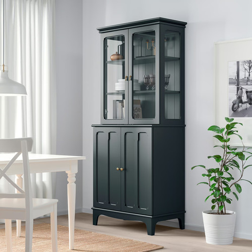 LOMMARP Cabinet with glass doors, dark blue-green, 86x199 cm