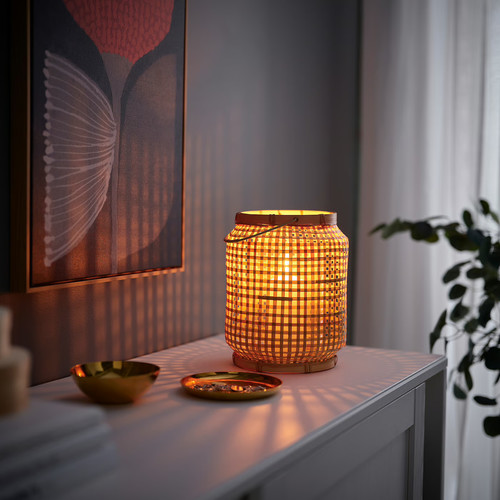 PÅVEFINK Lantern for pillar candle, bamboo, 25 cm