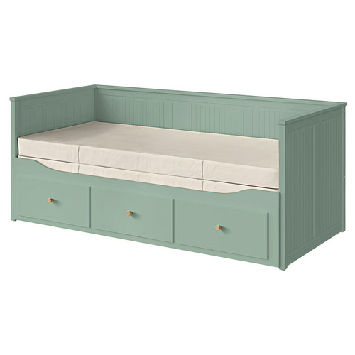 HEMNES Day-bed w 3 drawers/2 mattresses, grey-green/Vannareid firm, 80x200 cm