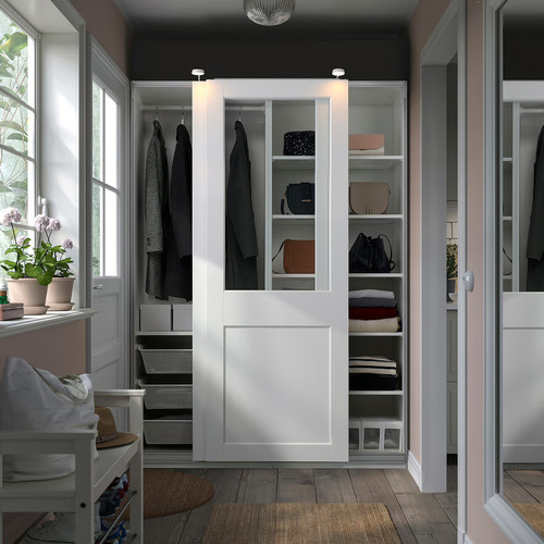 PAX / GRIMO Wardrobe combination, white/clear glass white, 150x66x201 cm