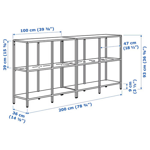 VITTSJÖ Storage combination, black-brown/glass, 200x36x93 cm