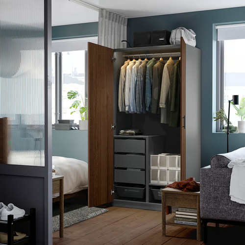 PAX / BJÖRNESKOGEN Wardrobe combination, dark grey/walnut veneer, 100x60x201 cm