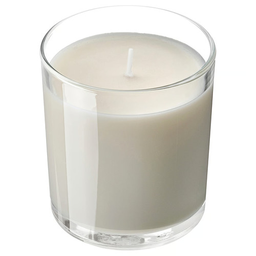 LOTSFÅGEL Scented candle in glass, Vanilla pale beige, 40 hr