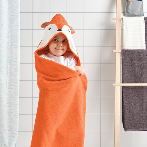 BRUMMIG Towel with hood, fox shaped/orange, 70x140 cm