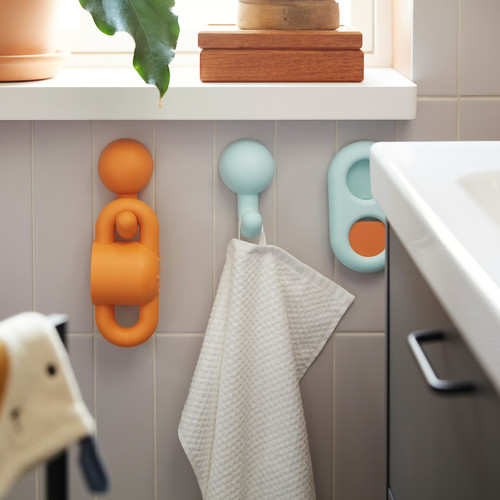 HUMLESJÖN Hook with suction cup, orange/turquoise, 12x8 cm