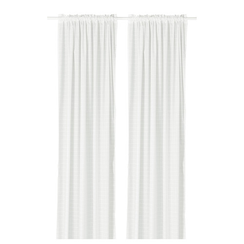MÄSTERROT Curtains, 1 pair, white white/grid with heading tape, 145x300 cm