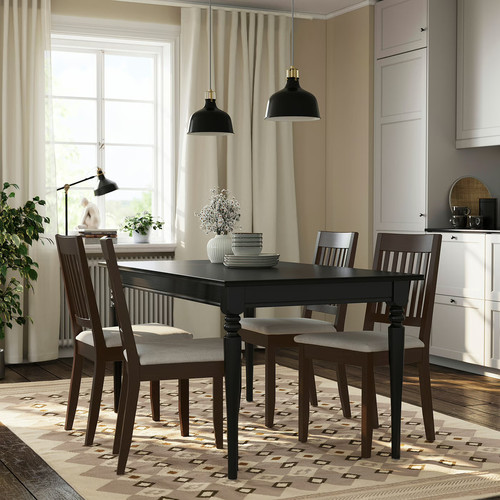 ROSENTORP / NÄSINGE Table and 4 chairs, black/Kilanda light beige dark brown stained, 155/215x87 cm