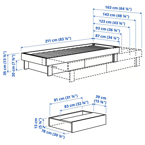 GLAMBERGET Bed frame with storage and mattress, pine/Vesteröy hard, 120x200 cm