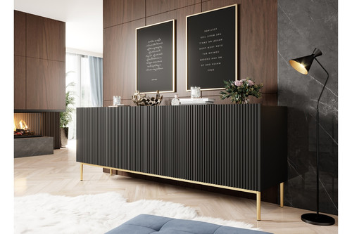 Four-Door Cabinet Nicole 200cm, matt black, gold legs