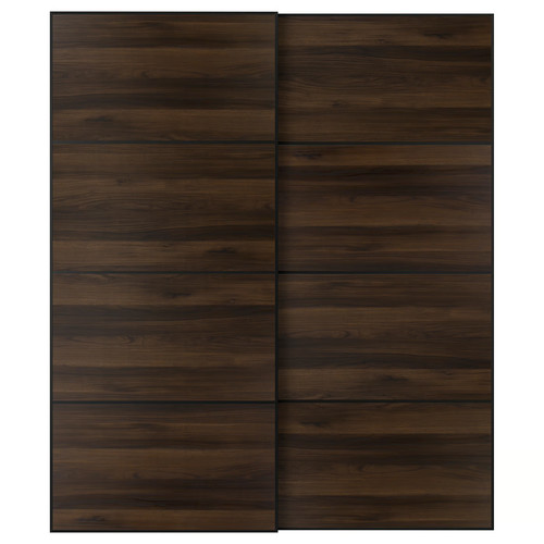 MEHAMN Pair of sliding doors, black/double sided dark brown oak effect, 200x236 cm