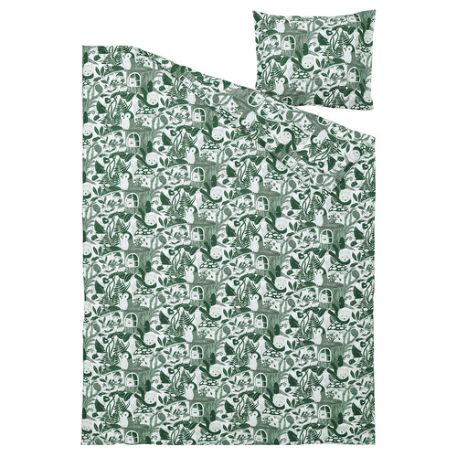 SKOGSDUVA Duvet cover and pillowcase, white green/forest pattern, 150x200/50x60 cm