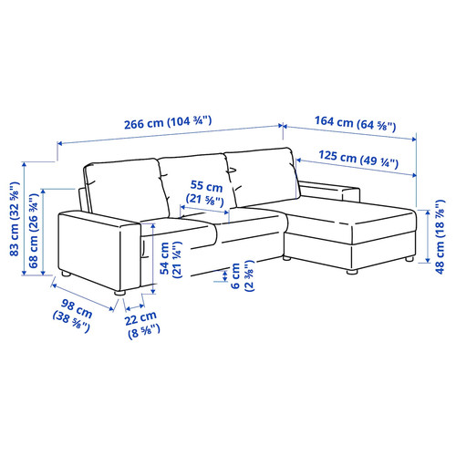 VIMLE 3-seat sofa with chaise longue, with wide armrests Saxemara/black-blue