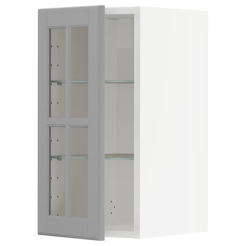 METOD Wall cabinet w shelves/glass door, white/Bodbyn grey, 30x60 cm