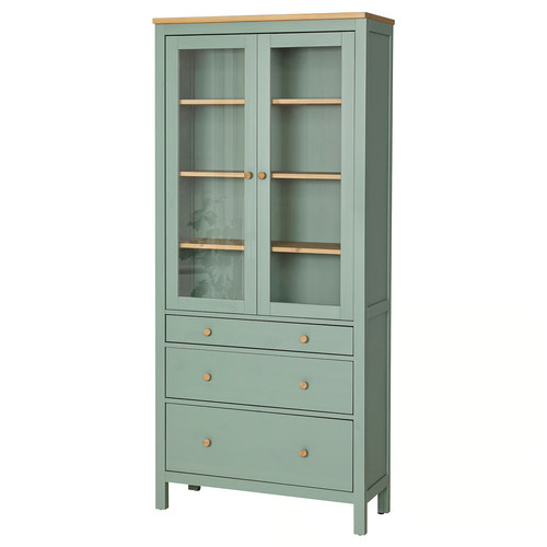 HEMNES Glass-door cabinet with 3 drawers, grey-green/light brown stained, 90x197 cm