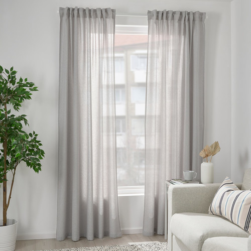 FJÄDERMOTT Curtains, 1 pair, white/grey, 145x300 cm
