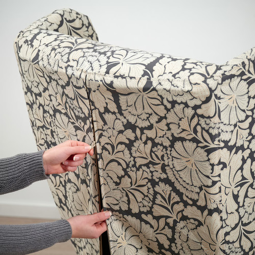 STRANDMON Slipcover for wing chair, Ribersborg dark grey/beige