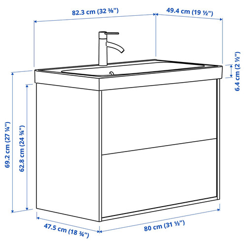 ÄNGSJÖN / ORRSJÖN Wash-stnd w drawers/wash-basin/tap, high-gloss white, 82x49x69 cm