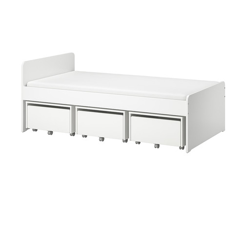 SLÄKT Bed frame with 3 storage boxes, white, 90x200 cm