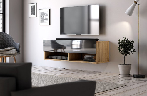 Wall-mounted TV Cabinet Derby 100, wotan oak/gloss black