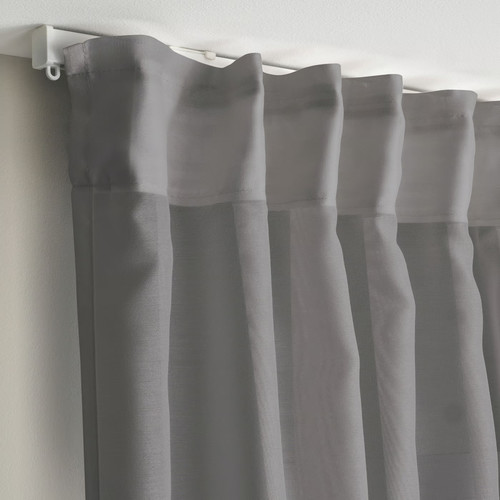STENFRÖ Sheer curtains, 1 pair, grey/with heading tape, 145x300 cm