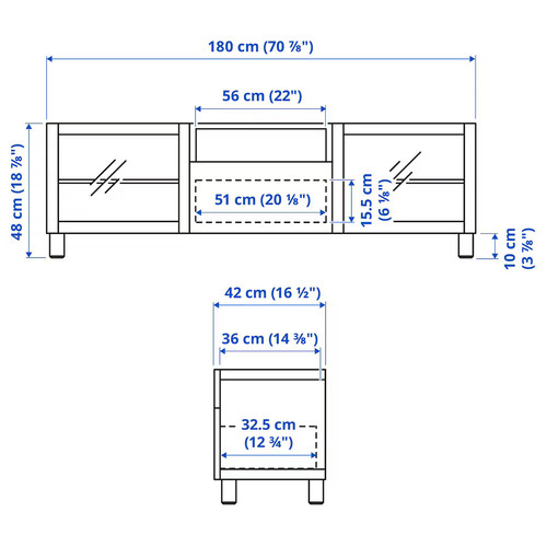 BESTÅ TV bench, white/Hanviken/Stubbarp white clear glass, 180x42x48 cm