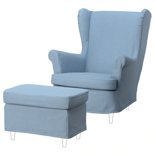 STRANDMON Slipcover for armchair/footstool, Sjölyckan dark blue/beige stripe pattern
