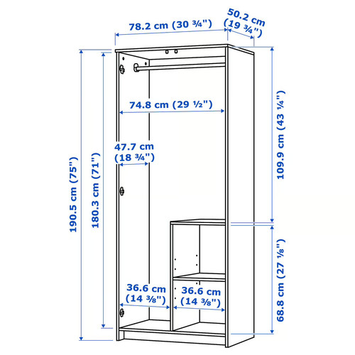 BRIMNES Wardrobe with 2 doors, white, 78x190 cm