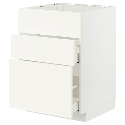 METOD / MAXIMERA Base cab f sink+3 fronts/2 drawers, white/Vallstena white, 60x60 cm
