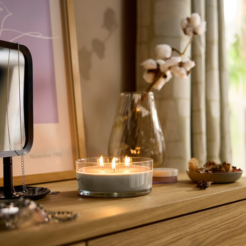 LOTSFÅGEL Scented candle in glass, 3 wicks, Sandalwood & patchouli brown, 25 hr