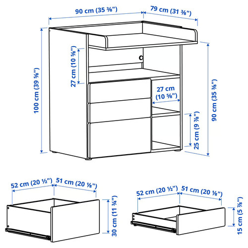 SMÅSTAD Changing table, white white/with 3 drawers, 90x79x100 cm