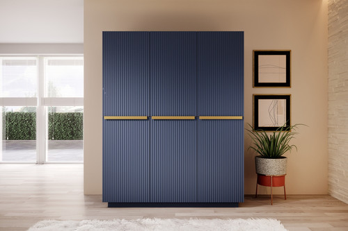 Wardrobe with Drawer Unit Nicole 150 cm, dark blue, gold handles