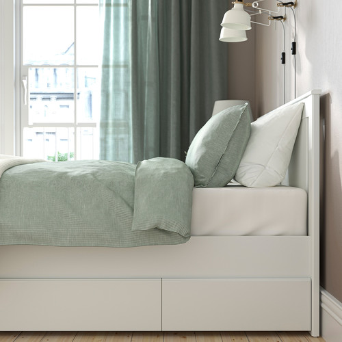 SONGESAND Bed frame with 2 storage boxes, white/Lindbåden, 140x200 cm