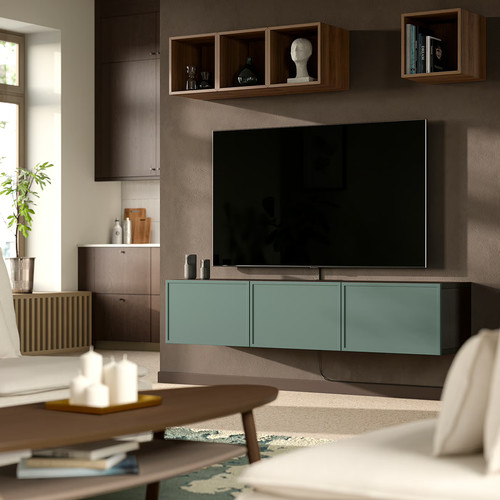 BESTÅ TV bench with doors, black-brown/Krukmakare dark grey-green, 180x42x38 cm