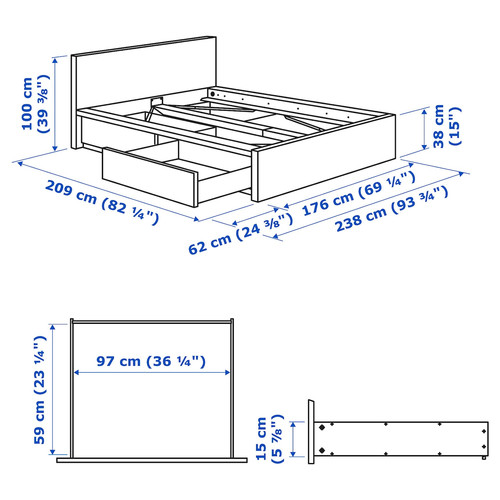 MALM Bed frame, high, w 2 storage boxes, black-brown, Luröy, 160x200 cm
