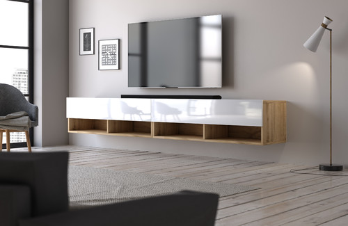 Wall-mounted TV Cabinet Derby 200, wotan oak/gloss white