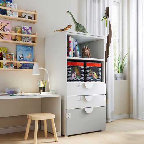 SMÅSTAD / PLATSA Bookcase, white grey, with 3 drawers, 60x55x123 cm