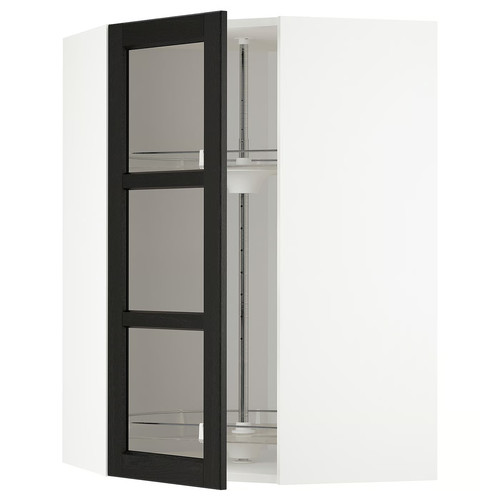 METOD Corner wall cab w carousel/glass dr, white/Lerhyttan black stained, 68x100 cm