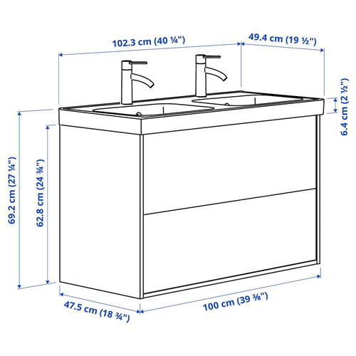 HAVBÄCK / ORRSJÖN Wash-stnd w drawers/wash-basin/taps, white, 102x49x69 cm