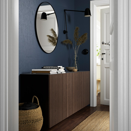 BESTÅ Wall-mounted cabinet combination, black-brown Björköviken/brown stained oak veneer, 180x42x64 cm