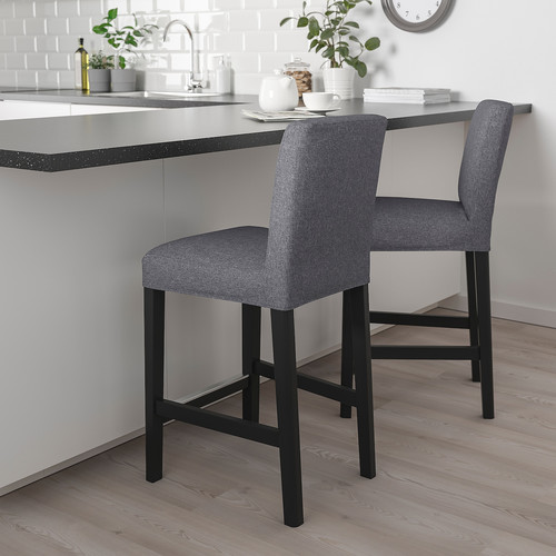 BERGMUND Bar stool with backrest, black, Gunnared medium grey, 62 cm